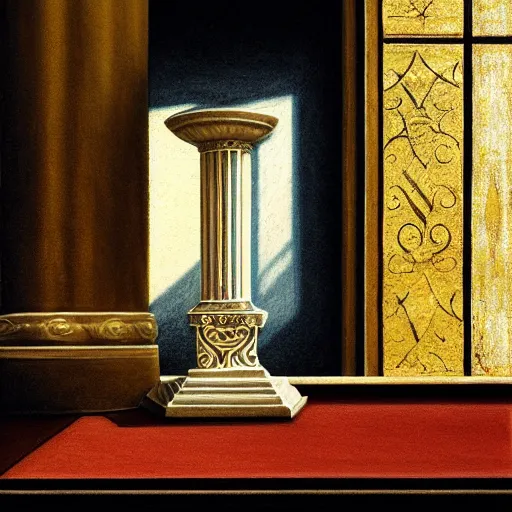 Image similar to still life painting of a room with a balcony and a marbled pedestal displaying an ancient holy artifact, centered in frame and shaped like signet ring, chromed and ornate with gentle iridescent shine from within. perspective from the side. realistic light and shadows. moody fantasy art, still life renaissance pastel painting. close up