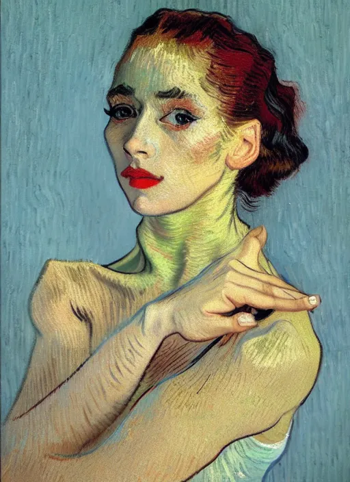 Image similar to portrait of a beautiful parisian dancer, detailed beautiful face in painting, detailed beautiful portrait, expressionist oil painting masterpiece, 8 k resolution, smooth, sharp focus, pastel color palette, trending on artstation, by van gogh