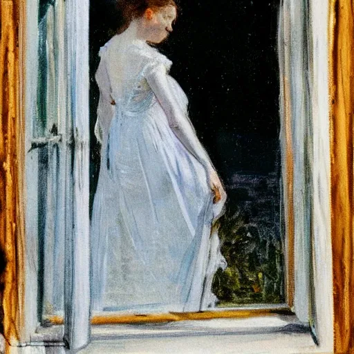 Prompt: a young edwardian woman wearing a white dress, playing guitar in a window at night, the sea and a beach and the moon is visible in the background, in the style of anders zorn