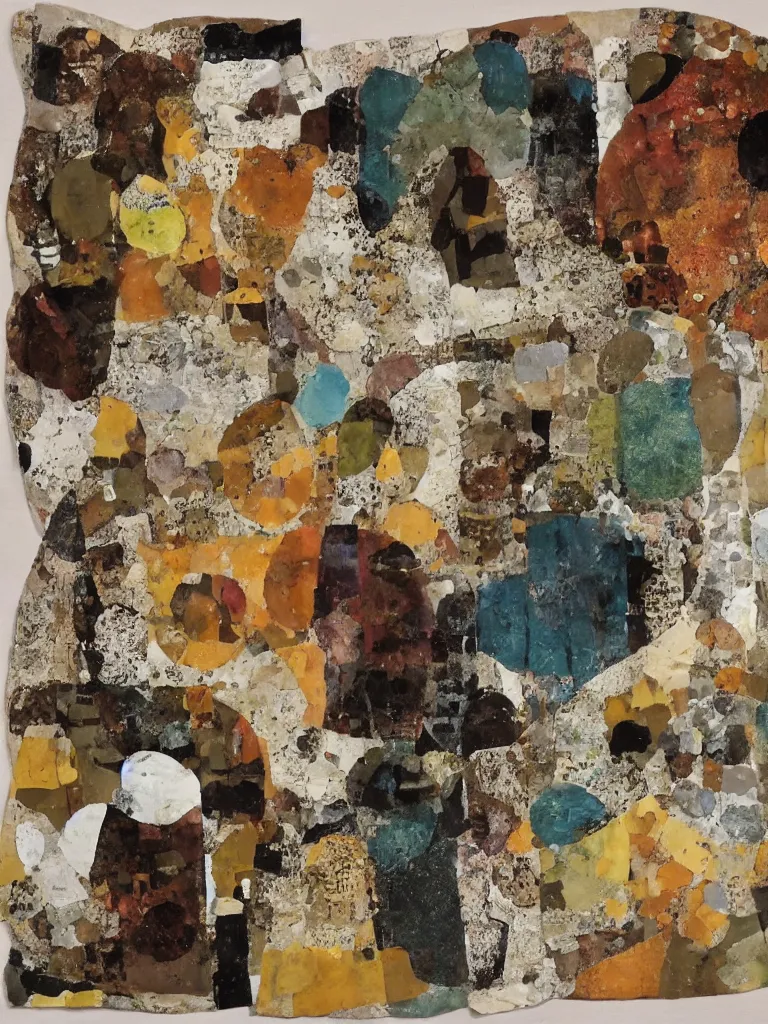 Prompt: mixed media collage by eileen agar, natural earthy color tones
