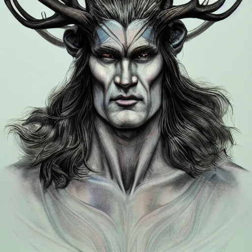 Prompt: Dramatic portraiture of Uuen, the Pictish god of stags, mixed media, trending on ArtStation, by Steve Ditko and ArtGerm and Lucian Freud, luminism