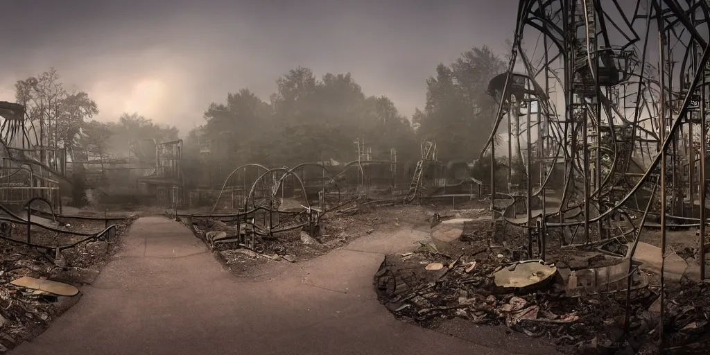 Image similar to creepy view into abandoned theme park with many attractions, including roller coaster with 360 degree loop, fog, rain, volumetric lighting, beautiful, golden hour, sharp focus, highly detailed, cgsociety