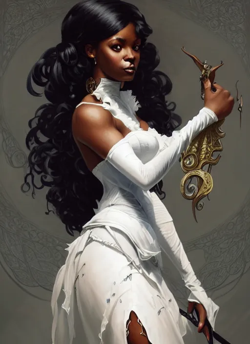Image similar to cute black woman wearing a white corset dress, fantasy, intricate, highly detailed, digital painting, artstation, concept art, wallpaper, smooth, sharp focus, illustration, art by artgerm and greg rutkowski and alphonse mucha