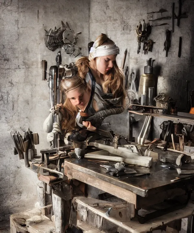 Image similar to A beautiful girl makes bronze gear on a workbench, 50mm photo, soft light, highly detailed, motion blur, trending on artstation