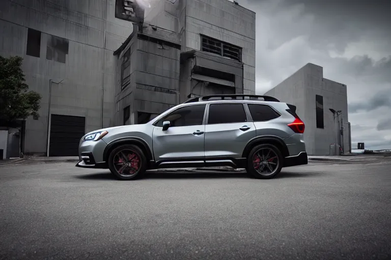 Prompt: a car and driver magazine photo shot, a souped up dark grey 2019 Subaru ascent heavily modified and customized as a performance tune street racing SUV, black rims, green trim accent, samurai vinyl wrap, cinematic lighting, art station, volumetric light, low angle camera, redshift render, octane render, art station