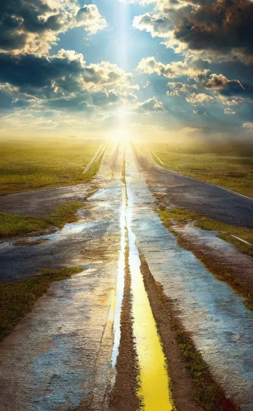 Prompt: paperback book cover. 2 0 1 0 s. pure colors, melting clouds, accurately drawn details, a sunburst above a receding road with the light reflected in furrows and ruts, after rain. photorealistic. octane render. cinematic. trending on artstation. textless.