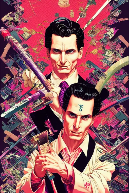 Prompt: poster of patrick bateman as a samurai, vaporwave aesthetic, by yoichi hatakenaka, masamune shirow, josan gonzales and dan mumford, ayami kojima, takato yamamoto, barclay shaw, karol bak, yukito kishiro