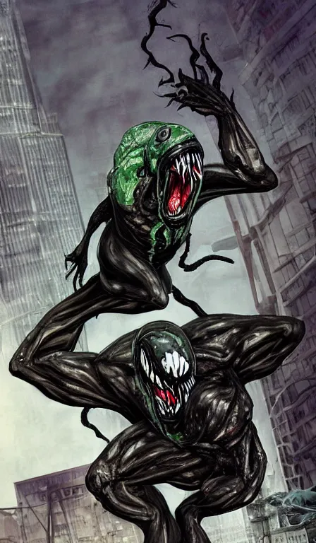 Prompt: Venom character standing on top of a destroyed car in an urban environment with his arms stretched wide, black slime, symbiote, sharp teeth, long tongue, green saliva, photorealistic by greghornart, DaveRapoza