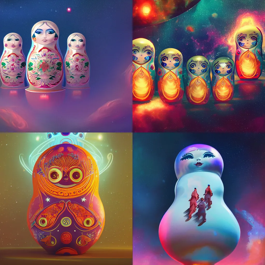 Prompt: A beautiful painting of russian dolls with nebulas for bodies by Beeple, 8K, UHD , Trending on artstation.