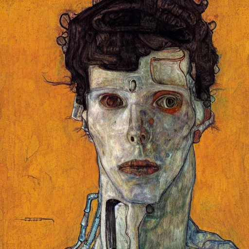 Image similar to portrait of a robot by egon schiele in the style of greg rutkowski