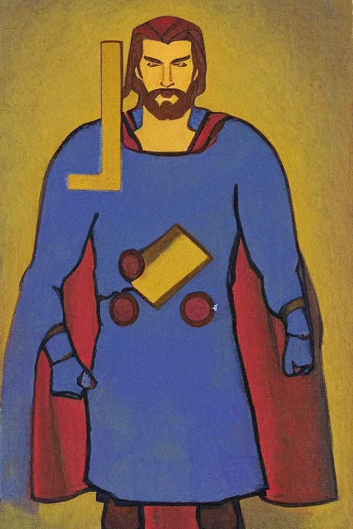 Image similar to thor with mjollnir, marvel, artwork by nicholas roerich,