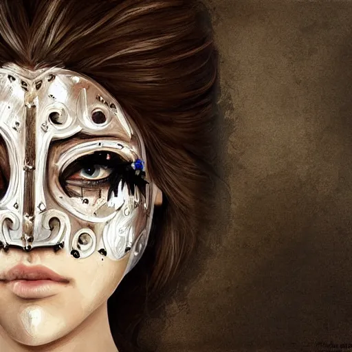 Prompt: portrait of a beautiful female knight with half faced mask, illustration, digital art, highly detailed