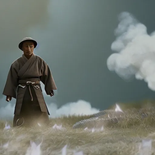 Image similar to cinematic film still Pharrell Williams starring as a Samurai holding fire, Japanese CGI, VFX, 2003, 40mm lens, shallow depth of field,film photography