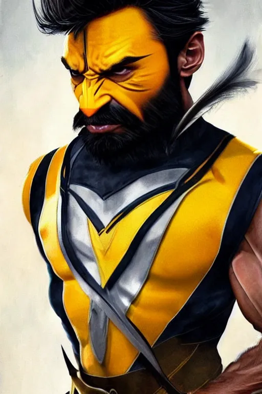 Image similar to Narendra Modi as Hugh Jackman Wolverine, claws are up, yellow X-man costume, Narendra Modi hairstyle and beardstyle, calm, grumpy, portrait, masculine figure, highly detailed, digital painting, artstation, concept art, smooth, sharp focus, illustration, cinematic lighting, art by artgerm and greg rutkowski and alphonse mucha