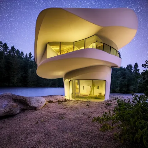 Image similar to cozy futuristic organic white concrete house in the middle of a lush and dense forest at night, a beautiful lake next to it, night time, night sky, starry night sky, atmospheric