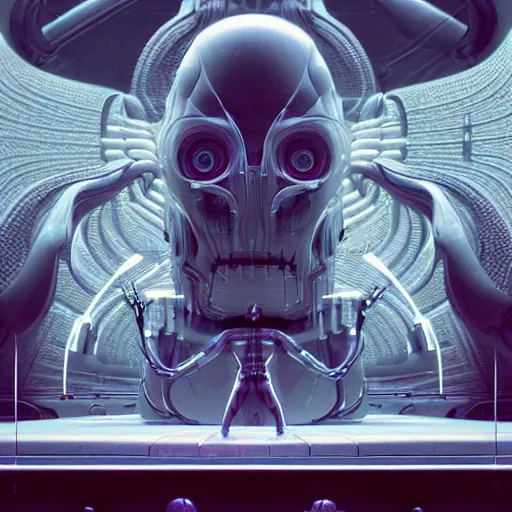 Prompt: ultradetailed illustration of a biomechanic evil cyborg posing in front of a futuristic neuronal supercomputer, by greg rutkowski and Zdzisław Beksiński., photorealistic, 8k, intricate, futuristic, dramatic light, trending on cg society