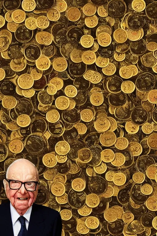 Image similar to !!! rupert murdoch!!! with!! many eyes!!, surrounded by gold coins, photorealistic, cinematic lighting, highly detailed, very intricate, by henry selick