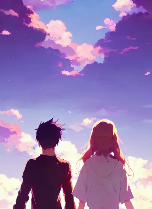 Prompt: boy and a sexy girl, standing back to back in under sky, illustration concept art anime key visual trending pixiv fanbox by wlop and greg rutkowski and makoto shinkai and studio ghibli