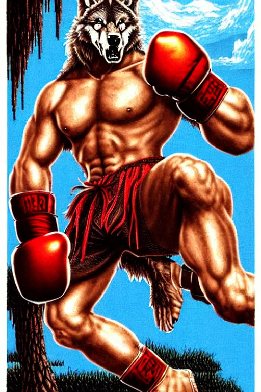 Image similar to extreme long shot. 8 bit nes graphics. antropomorphic muscular masculine wolf. kickboxer fighter, in shorts. wolf head. fine details, very sharp, art from nes game cartridge, marc simonetti and hermann nitsch