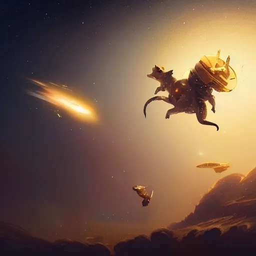 Image similar to a golden mouse flying through space, Greg rutkowski award winning illustration, digital art, sci fi concept art, 4k, trending on artstation,