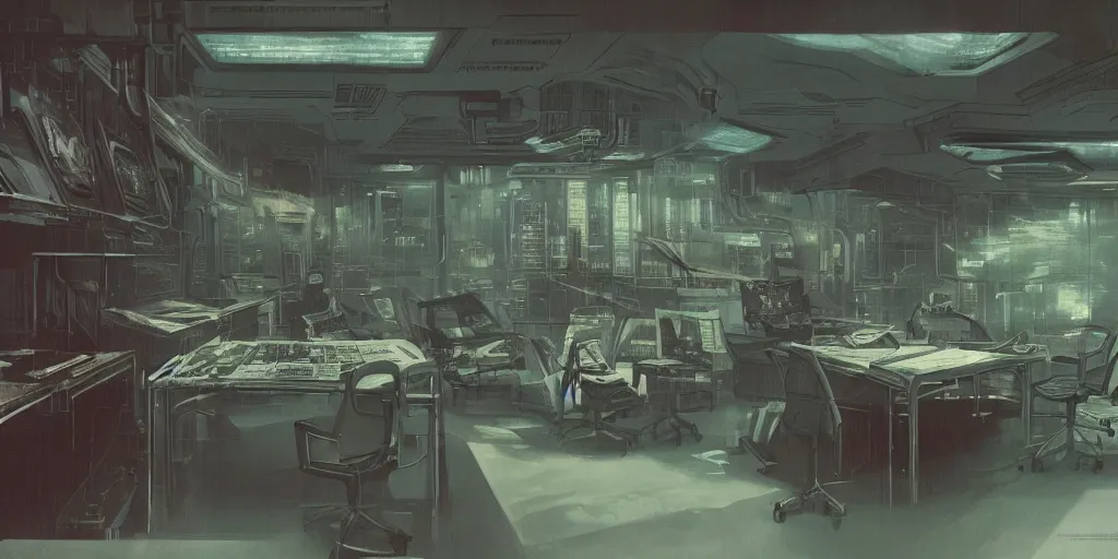 Image similar to a dystopian cyberpunk office interior with huge holographic displays everywhere, ralph maquarrie and giger and syd mead cinematic matte painting, 4 k