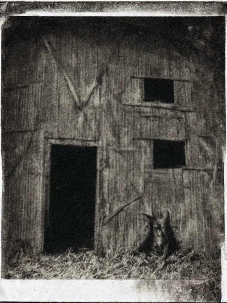 Image similar to still of a vampiric creature hiding in a barn, western film, horror movie, grainy, faded, polaroid, old photo, found footage