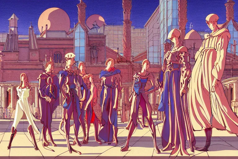 Image similar to cel shaded study of a group of mages in a late renaissance city, key visual with intricate linework, in the style of moebius, ayami kojima, 9 0's anime, retro fantasy