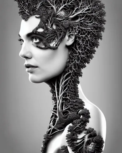 Prompt: a black and white high quality photo of a young beautiful female queen-vegetal-dragon-cyborg bust with a very long neck and Mandelbrot fractal face, Mandelbrot fractal skin, flesh, anatomical, facial muscles, veins, arteries, elegant, highly detailed, flesh highly baroque ornate, hair are wired cables, elegant, high fashion, rim light, octane render, in the style of Diane Arbus, Realistic, Refined, Digital Art, Highly Detailed, Cinematic Lighting, rim light, black and white, photo-realistic, 8K