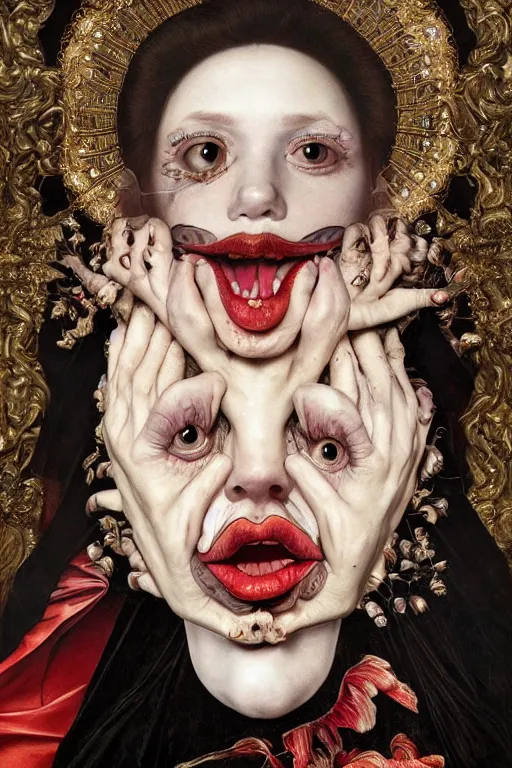 Image similar to Detailed maximalist portrait with large lips and with large white eyes, angry, exasperated expression, extra fleshy hands, high fashion, HD mixed media, 3D collage, highly detailed and intricate, surreal illustration in the style of Caravaggio, dark art, baroque