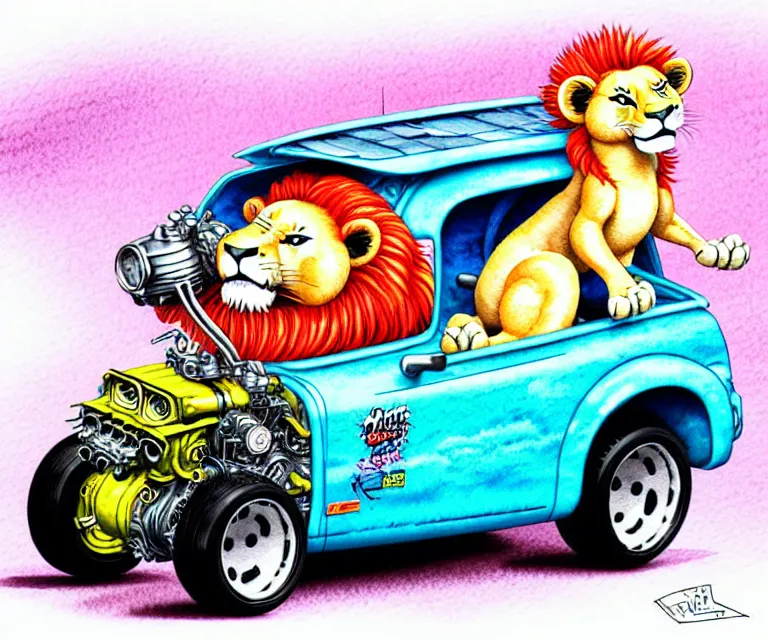 Image similar to cute and funny, lion wearing a helmet riding in a tiny hot rod with oversized engine, ratfink style by ed roth, centered award winning watercolor pen illustration, isometric illustration by chihiro iwasaki, edited by range murata, tiny details by artgerm and watercolor girl, symmetrically isometrically centered, focused