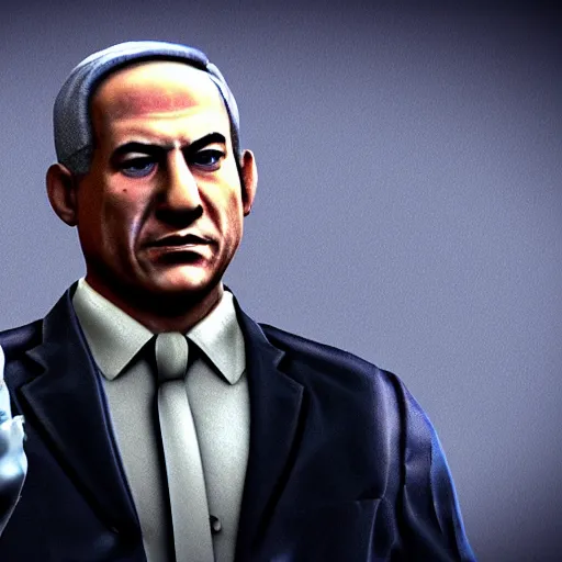 Image similar to a 3 d render of benjamin netanyahu as a counter strike character, created in blender, t - posing, edited, lighting, hq