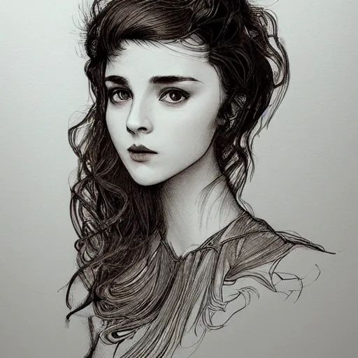 Image similar to pen and ink sketch of a welsh teenage girl with brown hair, glowing skin, delicate features, amelie poulain, fantasy, intricate, elegant, dress shirt and tie, highly detailed, digital painting, artstation, concept art, smooth, sharp focus, illustration, art by Krenz Cushart and Artem Demura and alphonse mucha, black and white