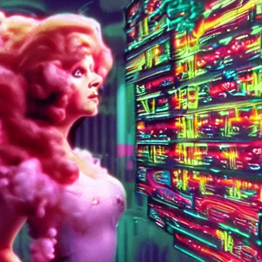 Prompt: highly detailed colour cinematic 1978 movie scifi scene of a woman entering a fantasy machine, there is mountains of candy floss everywhere