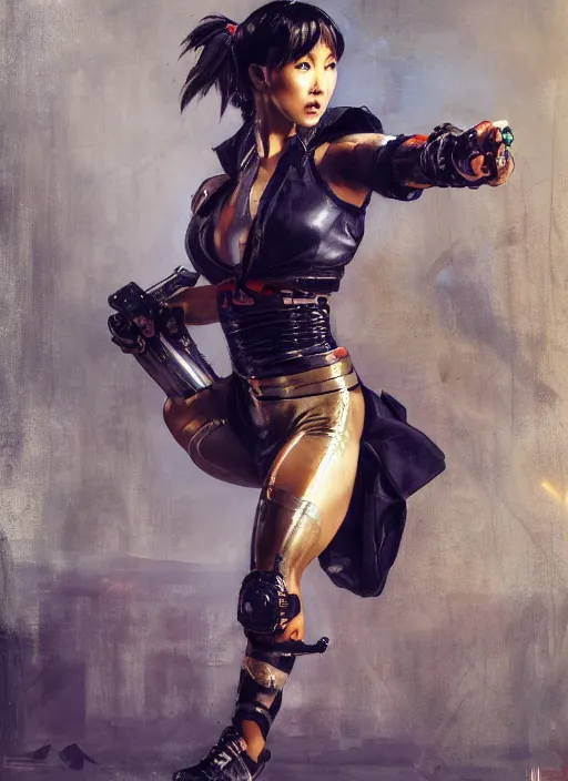 Image similar to chun li high kick. cyberpunk police trooper in a military vest ( blade runner 2 0 4 9, cyberpunk 2 0 7 7 ). orientalist portrait by john william waterhouse and james gurney and theodore ralli and nasreddine dinet, oil on canvas. cinematic, hyper realism, realistic proportions, dramatic lighting, high detail 4 k