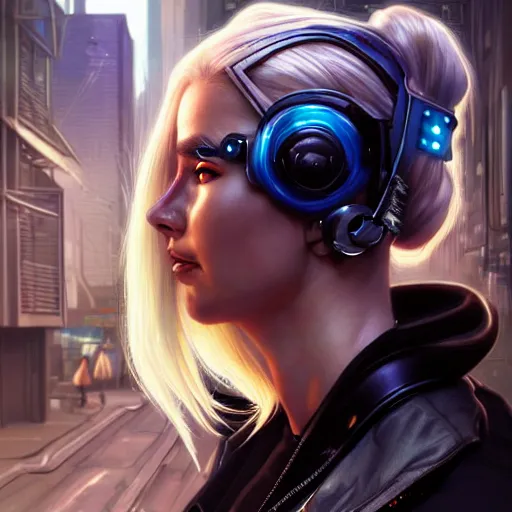 Image similar to Side view of a cyborg demon blond in cyberpunk headset and helmet on the street of a cyberpunk city, sci-fi, fantasy, intricate, very very beautiful, elegant, highly detailed, digital painting, artstation, concept art, smooth, sharp focus, illustration, art by artgerm and greg rutkowski and alphonse mucha