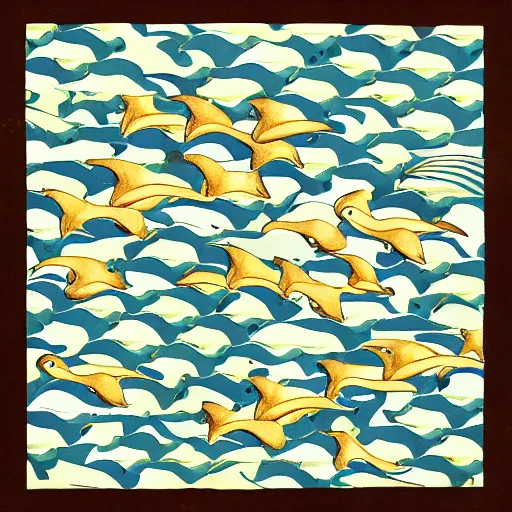 Image similar to tessellation showing dolphins and birds