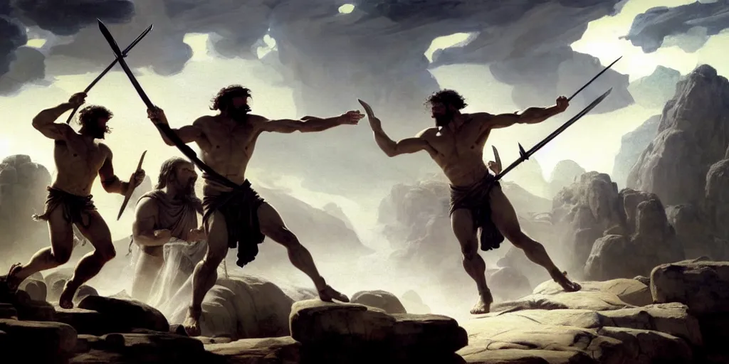 Image similar to realistic painting of biblical Cain throwing the holy lance at Abel in front of a stone altar with white smoke ascending, masculine and rugged, inspired art by Frazetta + facial symmetry + dramatic volumetric lighting, 8k octane render, intricate, epic composition, grim yet sparkling atmosphere, cinematic lighting + masterpiece, trending on artstation, very detailed, masterpiece, stunning