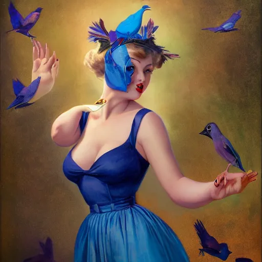 Image similar to pinup girl holding an indigo bunting, bird, the bird is wearing a crown and bowtie by greg rutkowski, rossdraws, gil elvgren, enoch bolles, anime, very coherent