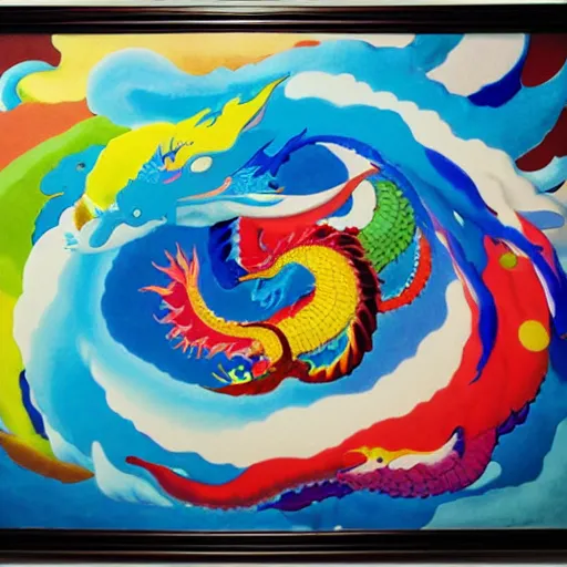 Image similar to colorful dragons swirling in the fluffy cloud, painted by takashi murakami