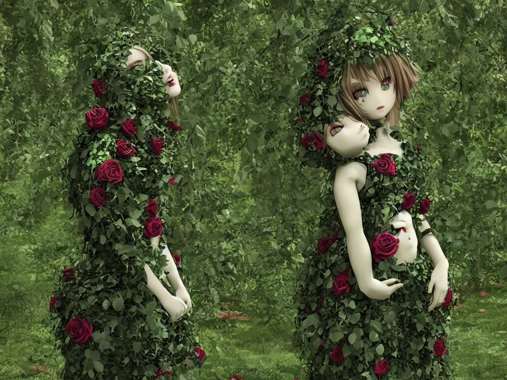 Image similar to cute fumo plush girl wrapped in vines in the middle of a lush rose garden, glowing gothic wraith plantgirl, tattered green dress, vray