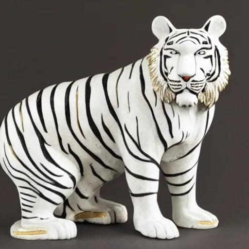 Prompt: gorgeous white tiger statue with gold filigree