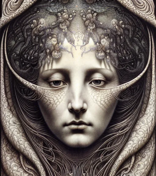 Image similar to detailed realistic beautiful moon goddess face portrait by jean delville, gustave dore, iris van herpen and marco mazzoni, art forms of nature by ernst haeckel, art nouveau, symbolist, visionary, gothic, neo - gothic, pre - raphaelite, fractal lace, intricate alien botanicals, ai biodiversity, surreality, hyperdetailed ultrasharp octane render