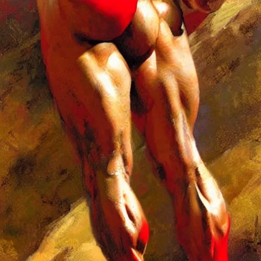 Prompt: greek god, muscular, red and gold, detailed face, thighs, painting by Gaston Bussiere, Craig Mullins