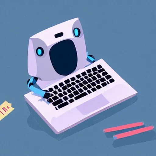 Prompt: a very tiny cute robot using the internet on a laptop to write a love letter