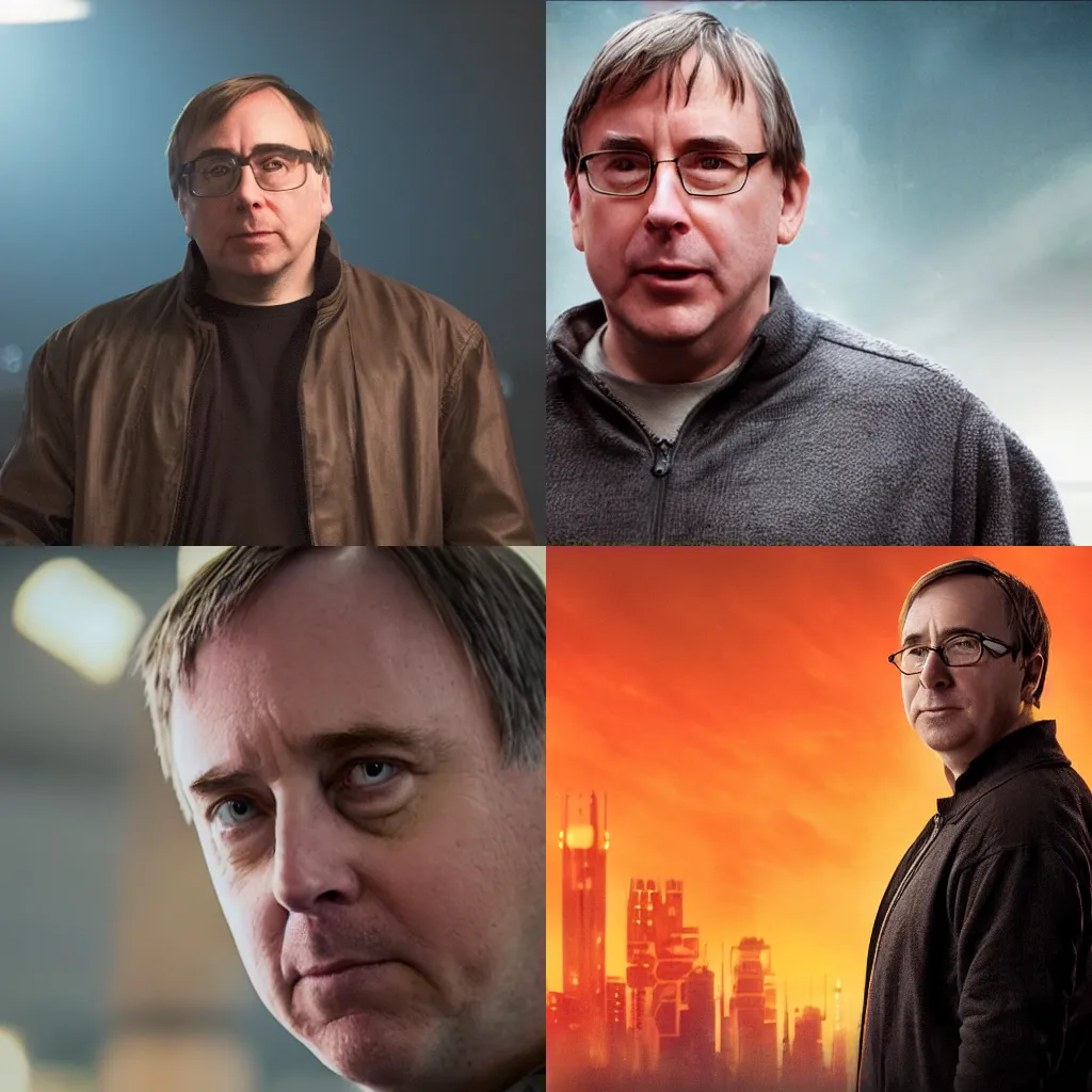 Prompt: Photo of Linus Torvalds in Bladerunner 2049, half body shot