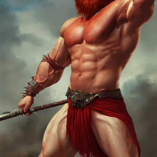 Image similar to bulky muscular scottish warrior with red hair, 4 k oil on linen by wlop, artgerm, andrei riabovitchev, nuri iyem, james gurney, james jean, greg rutkowski, highly detailed, soft lighting 8 k resolution