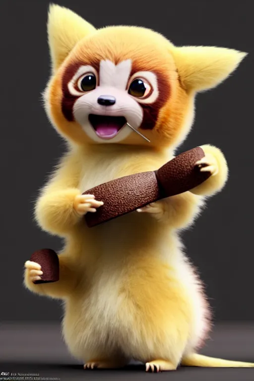 Prompt: high quality 3 d render hyperrealist very cute pastel fluffy! red panda & tarsier hybrid eating giant ice cream full body, vray smooth, in the style of detective pikachu, charlie immer, very dramatic light, low angle, uhd 8 k, shallow depth or field