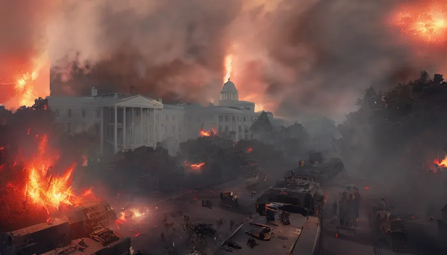 Image similar to world war 3 in washington dc, white house on fire, firing everywhere, hyperdetailed, artstation, cgsociety, 8 k