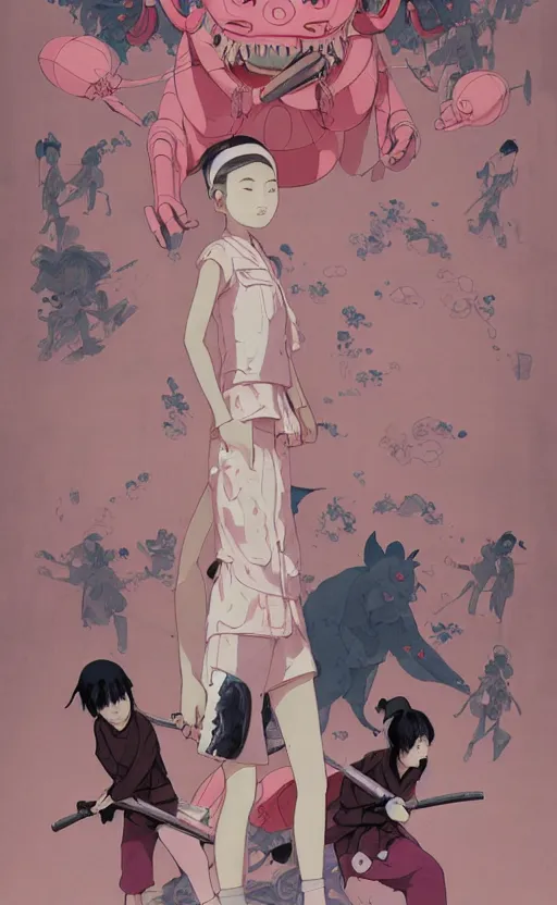 Image similar to Artwork by James Jean, Phil noto and hiyao Miyazaki ; (1) a young Japanese future samurai police lady named Yoshimi battles an (1) enormous evil natured carnivorous pink robot on the streets of Tokyo; Japanese shops and neon signage; crowds of people running; Art work by Phil noto and James Jean and studio ghibli