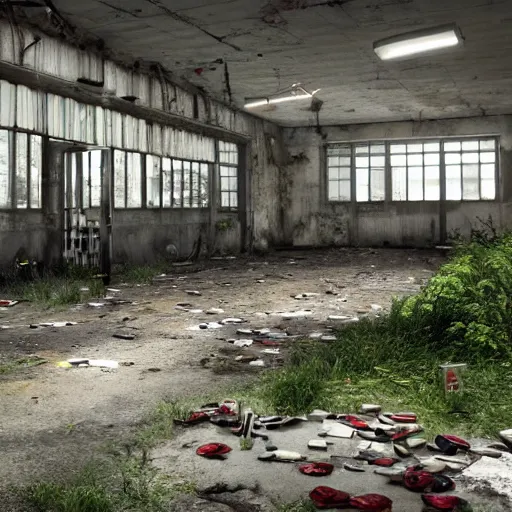 Prompt: derelict and abandoned supermarket, tins of food on the floor, a deer eating from the floor, broken signs, broken lights, a body on the floor, shadows of zombies, muted tones, volumetric lighting, puddles, moss, branches, photorealism, high detail, golden ratio, cinematic, octane renderer, the last of us